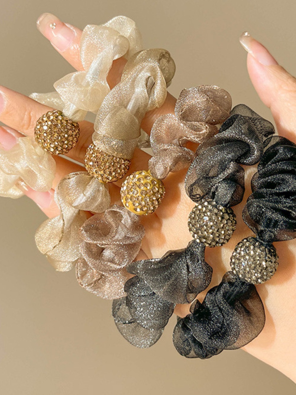 5 Sparkle Beaded Organza Hair Scrunchies